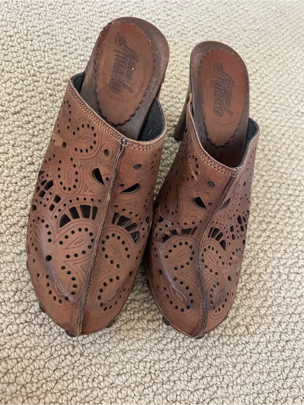 Munro Brown Leather Perforated Slide Clogs